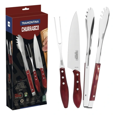 Jogo Para Churrasco Tramontina 3 Peças Aço Inox Cabo Madeira Polywood Vermelho Faca Garfo Pegador