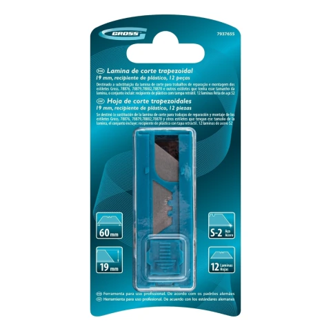 Lâmina Para Estilete Trapezoidal 19 mm Aço Sk-2 12 Peças Com Estojo Gross