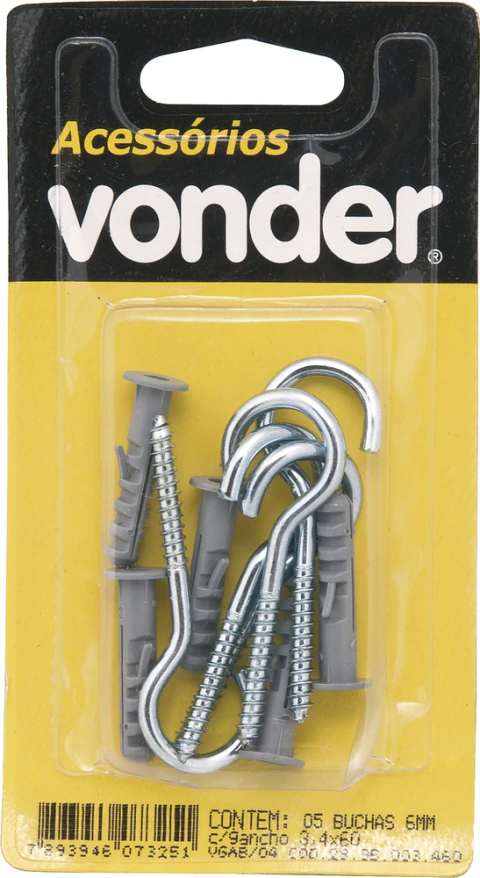 Gancho 3,0x40mm zincado com bucha 5mm com 5 peças - Vonder