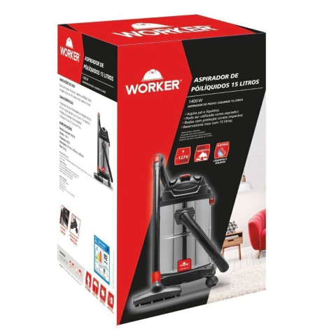 Aspirador Pó e Água Worker 15 Litros 1400W 220V Bico Múltiplo Filtro HEPA