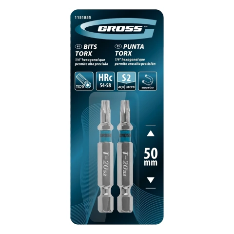 Kit 2 Bits Torx T20 50 mm Aço Cromo Molibdênio S2 58 HRC Magnético Gross