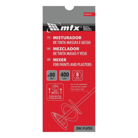 Misturador Para Tintas E Gesso Haste 8 mm 80x400 mm Aço Galvanizado Mtx