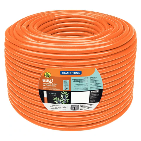Mangueira Jardim Multi Tramontina 1/2 Pol 100m Laranja PVC 3 Camadas Reforçada Irrigação 12 Bar