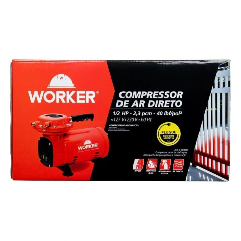 Compressor De Ar Direto 1/2HP 370W 2,8Bar 40Psi 2,3PCM Bivolt Com Pistola Worker 371629