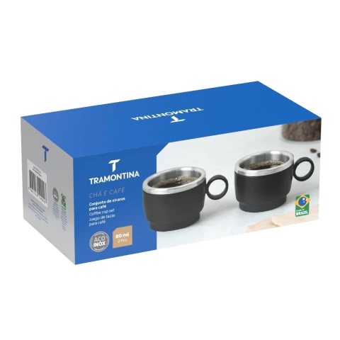 Conjunto 2 Xícaras Café Tramontina 80ml Aço Inox Com Revestimento Abs Preto Design Empilhável