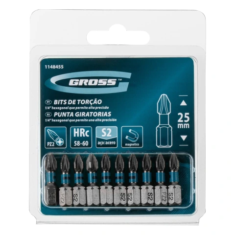 Bits PZ2 Torção Impacto 25mm 10 Unidades 58-60HRC Gross