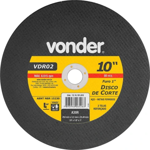 Disco Corte 254,0x3,0x25,40 2 Telas Aço Carbono Vdr0 Vonder