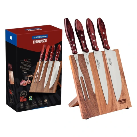 Jogo Para Churrasco Tramontina 5 Peças Aço Inox Cabo Polywood Vermelho Com Cepo Magnético