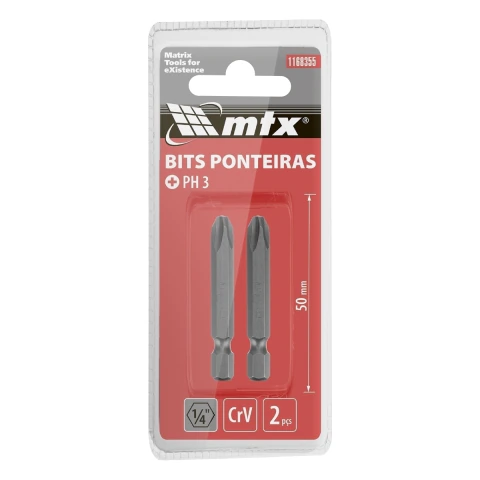 Kit 2 Bits Phillips Ph3 50 mm Aço Cromo Vanádio Haste Hexagonal Mtx