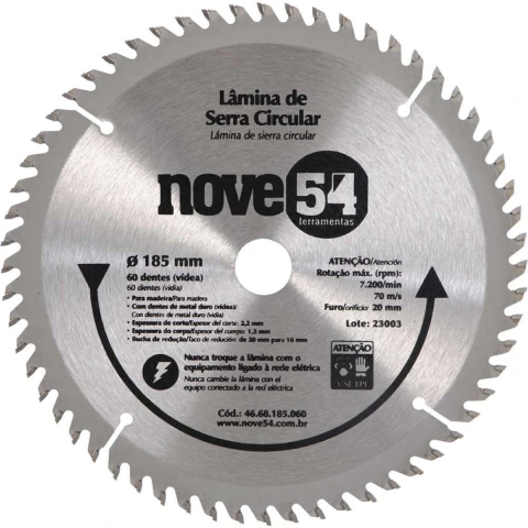 Lâmina Serra Circular Vídea 185mm 60 Dentes Furo 20mm Nove54