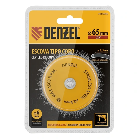 Escova Copo 65mm Haste 6mm Fios Inox Ondulados 0,3mm