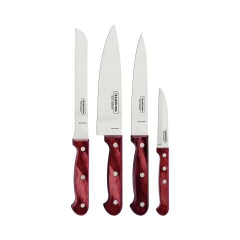 Jogo De Facas 4 Peças Tramontina Polywood Aço Inox Cabo Madeira Tratada Vermelho