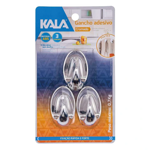 Gancho Cromado Adesivo Abs 0,7kg 3 Peças Resistente Cozinha Banheiro Kala
