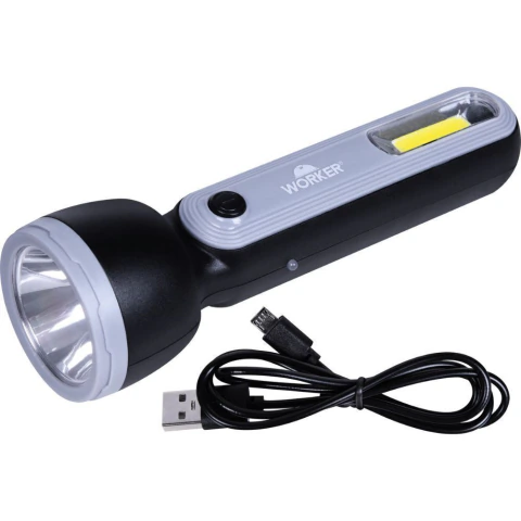 Lanterna LED Recarregável 2 Leds 180Lm 2W 3.7V 1.2Ah 200m USB Worker LRW180