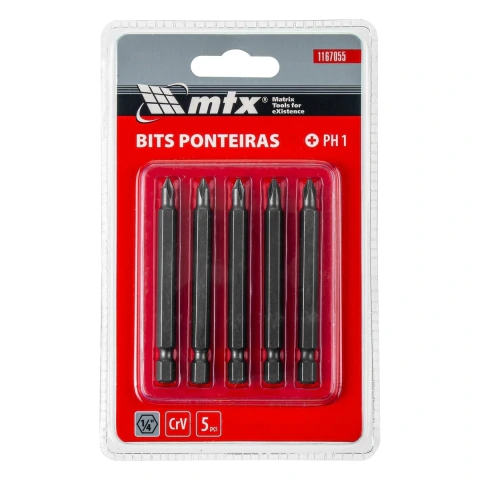 Bits Philips Ph1 1/4 Pol. 4x75mm Aço CrV 54 HRC 5 Pçs MTX