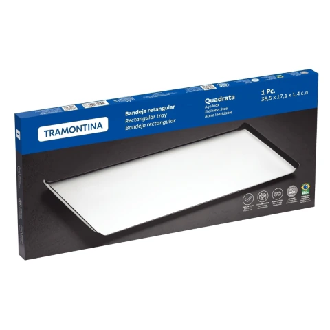 Bandeja Tramontina Quadrata Retangular Em Aço Inox Alto Brilho 38x17 Cm