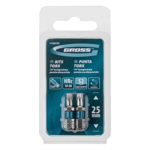 Bit Torx T20 25 mm Aço S2 Cromo Molibdênio 2 Peças Gross Alta Resistência Magnético