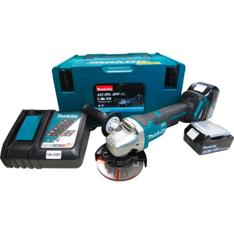 Esmerilhadeira Angular 115Mm Com 2 Baterias Carregador Disco Punho Maleta Motor BL DGA458RTJ Makita