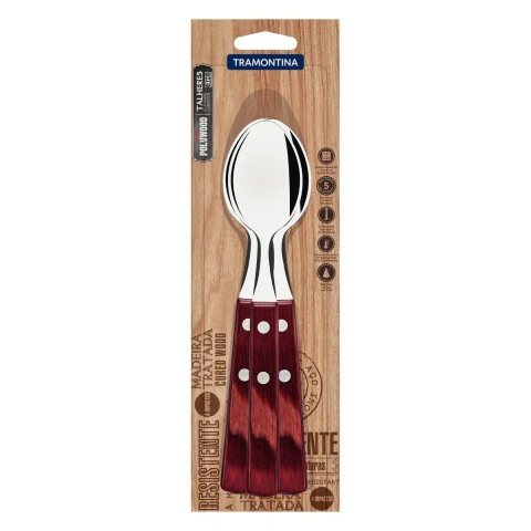 Conjunto 3 Colheres De Mesa Tramontina Polywood Aço Inox Madeira Tratada Vermelho Alta Resistência