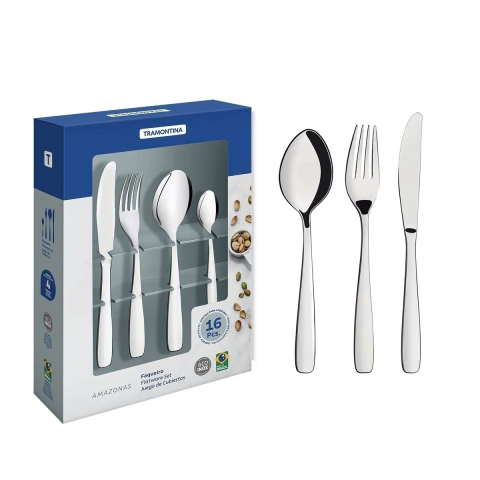 Faqueiro Aço Inox 16 Peças Amazonas Tramontina Brilho Com Facas De Mesa Para 4 Pessoas
