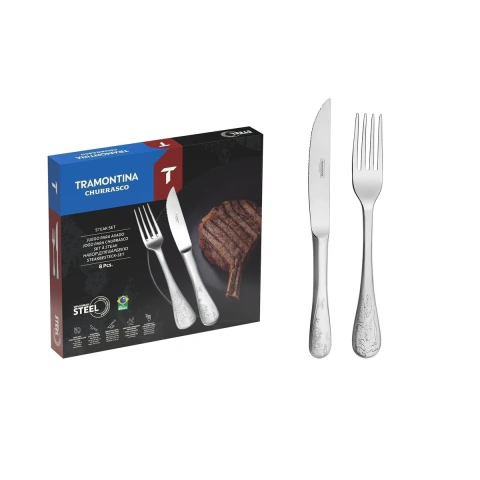 Jogo Para Churrasco Tramontina Classic 8 Peças Aço Inox Com Estojo De Madeira Pinus Alto Relevo