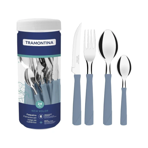 Faqueiro Tramontina New Kolor 24 Peças Aço Inox Cabos Polipropileno Azul Jogo De Talheres Mesa
