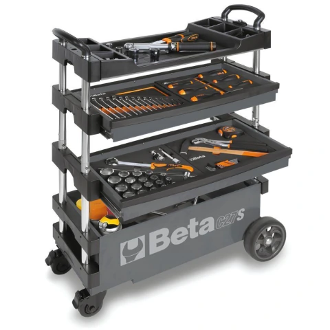 Carrinho de Ferramentas Tipo Trolley Rebatível 2 Gavetas com 6 Tabuleiros Cinza C27S-G Beta