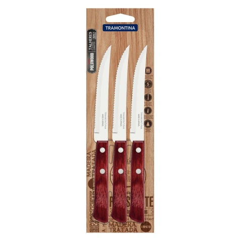 Conjunto 3 Facas Para Churrasco Tramontina Polywood Aço Inox Cabo Vermelho Alta Performance