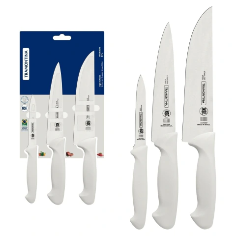 Jogo De Facas Tramontina Premium 3 Peças Aço Inox Cabo Polipropileno Branco Certificação NSF