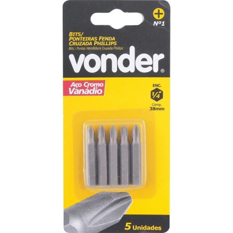 Bits ponteira philips 1/4" n.2 1/4x75mm com 5 peças Vonder