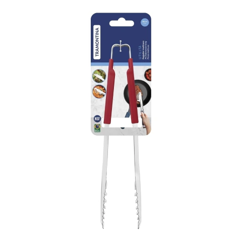 Pegador Tramontina Utilità 28 cm Aço Inox com Cabo Emborrachado Vermelho para Saladas e Churrasco