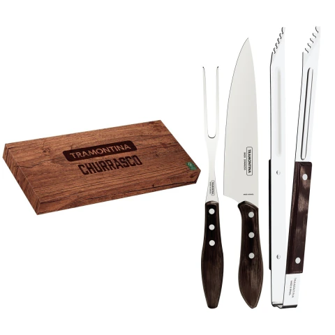 Jogo Trinchante Tramontina 03 Peças Aço Inox Madeira Polywood Castanho Faca Garfo E Pegador