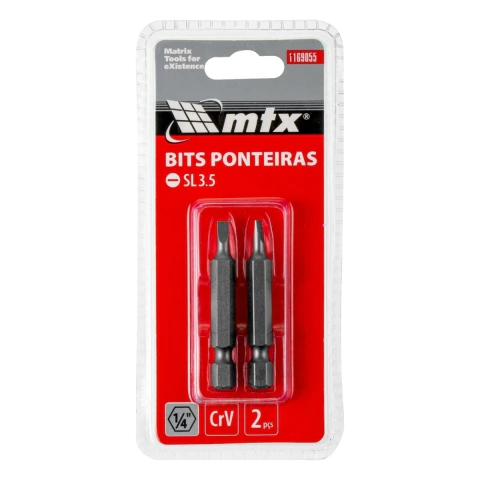 Kit 2 Bits Fenda Sl3,5 Aço Cromo Vanádio 50 mm Haste 1/4 Polegada Mtx 54 Hrc