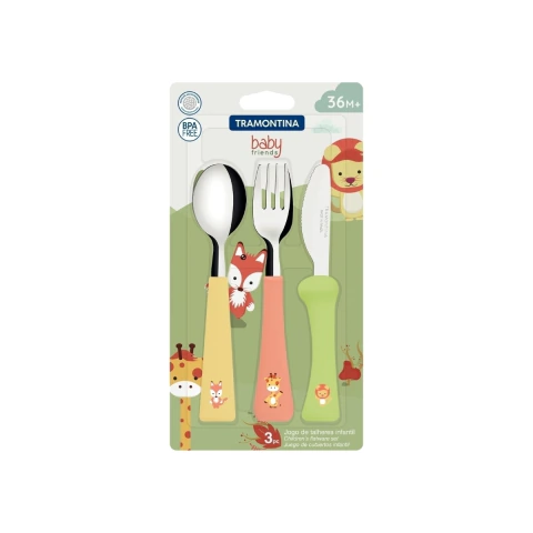 Jogo De Talheres Infantil Tramontina Baby Friends 03 Peças Aço Inox Livre De BPA Antialérgico