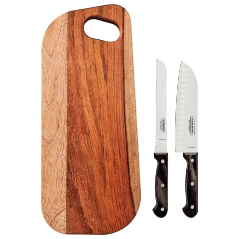 Kit Para Frios Tramontina Polywood 3 Peças Aço Inox E Madeira Tratada Castanho Para Queijos E Mesa