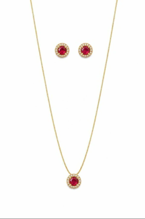 Conjunto Colar e Brincos em Rubi Lapidado e Zircônias- Banhado a ouro