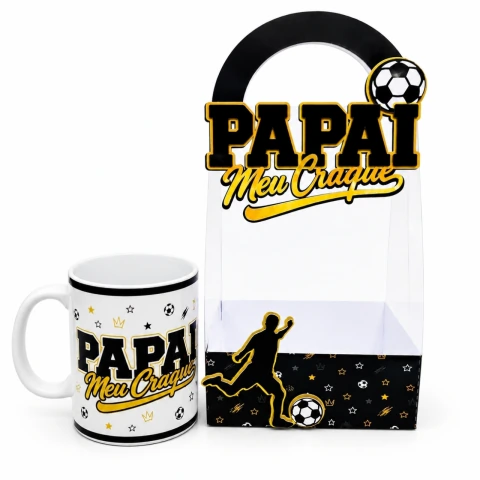 Kit Presente Dia dos Pais – Sacola de Acetato Personalizada + Caneca "Papai Meu Craque"