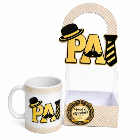 Kit Presente Dia dos Pais – Sacola de Acetato + Caneca Personalizada "PAI"