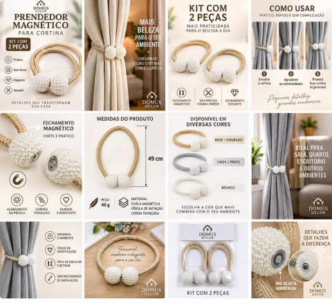 Prendedor Magnético Domus para Cortina | Kit com 2 Peças
