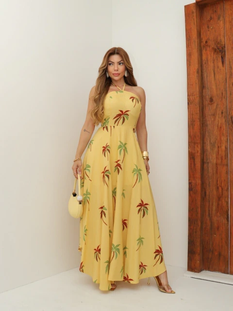 Vestido Longo Estampado Coqueiro Elastico nas Costa