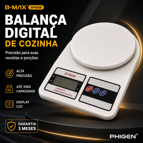 Balança Digital de Cozinha B-MAX SF400B 10kg com Display LCD e Função Tara