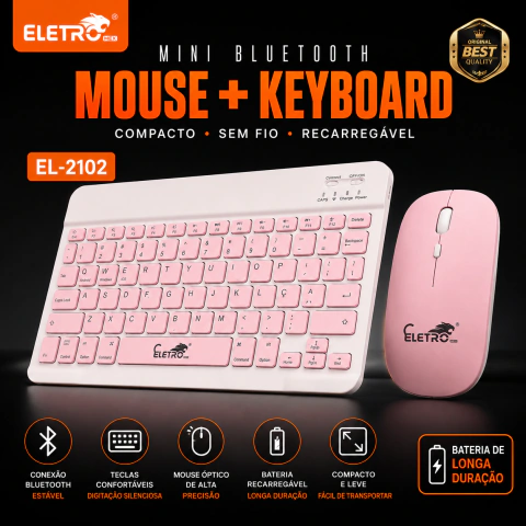 Kit Mini Teclado Bluetooth + Mouse Sem Fio Recarregável Eletro EL-2102 Rosa ABNT2