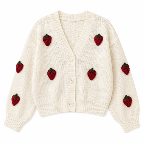 Sweater Cardigan Tejido Para Mujer Con Frutillas Bordadas
