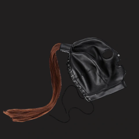 Capuz Máscara Três Aberturas Frontais - Couro PU Com Rabo De Cavalo - Ponytail