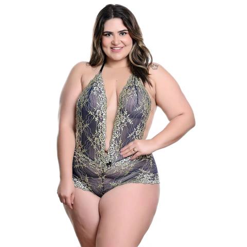 BODY PLUS SIZE INVERTIDO RENDA BICOLOR AZUL MARINHO COM CREME HOT LOVE