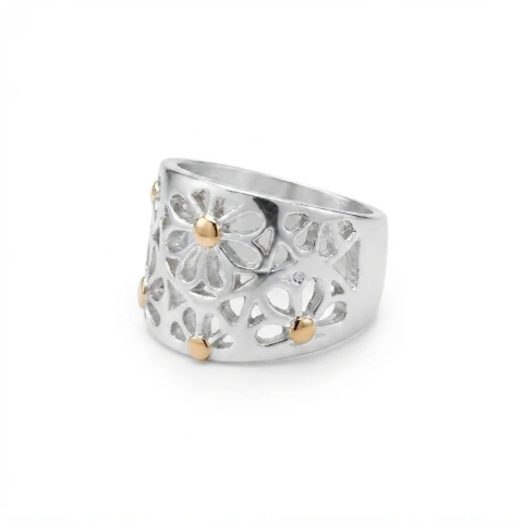 Anillo de Plata y Oro Floral Ancho y Calado N°23 - Alta Joyería Artesanal