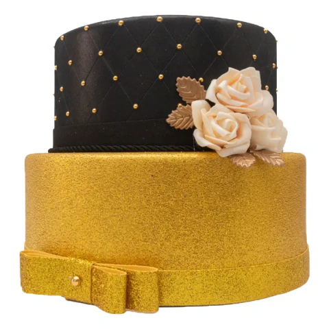 Bolo Fake Aniversário Preto com Dourado – 2 Andares (20x10 e 25x10 cm)