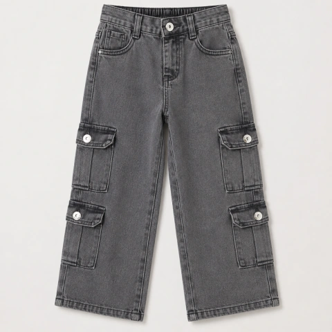 Calça Jeans Cargo Infantil Wide Leg Grafite