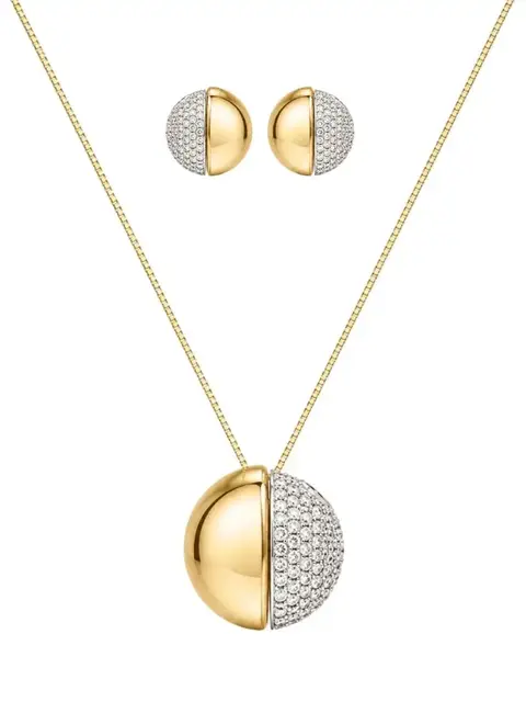 Conjunto Colar e Brincos Folheado a Ouro 18K e Prata Mix Banho Círculo Cravejado