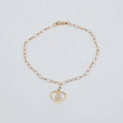 Pulseira Elo Arroz Coração com Menino Ouro Amarelo 10k